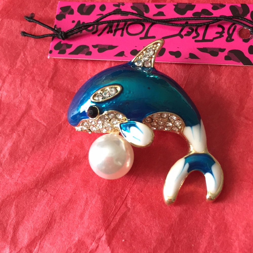 Jeweled blue Dolphin with pearl brooch